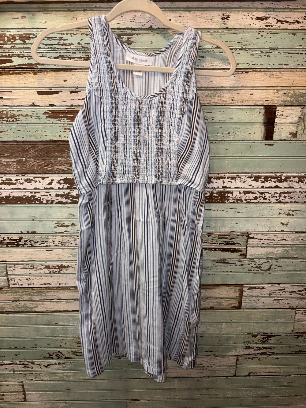 MotherhoodEasy Access Nursing Light Blue & White Striped Smocked Midi Dress